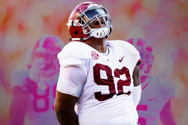TUSCALOOSA, AL - NOVEMBER 04:  Quinnen Williams #92 of the Alabama Crimson Tide reacts after a sack against the LSU Tigers at Bryant-Denny Stadium on November 4, 2017 in Tuscaloosa, Alabama.  (Photo by Kevin C. Cox/Getty Images)