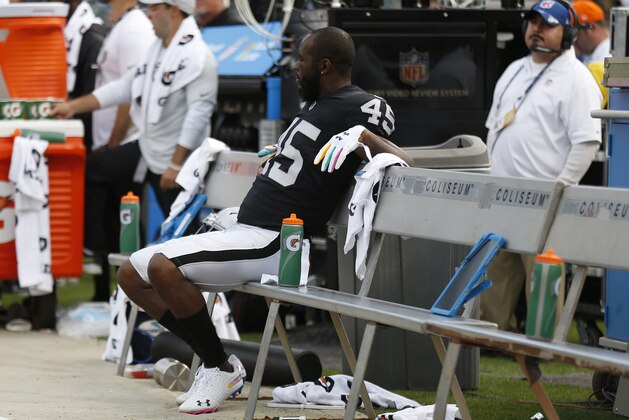 Oakland Raiders defensive back Dominique Rodgers-Cromartie (45) sits on the bench during the second half of an NFL football game against the Indianapolis Colts in Oakland, Calif., Sunday, Oct. 28, 2018. (AP Photo/D. Ross Cameron)