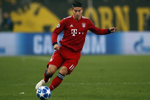 Bayern midfielder James David James Rodriguez controls the ball during a Group E Champions League soccer match between AEK Athens and Bayern Munich at the Olympic Stadium in Athens, Tuesday, Oct. 23, 2018. (AP Photo/Thanassis Stavrakis)