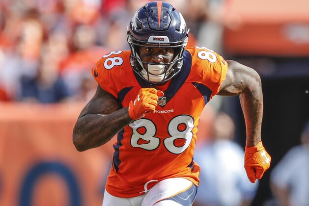 Denver Broncos wide receiver Demaryius Thomas (88) runs against the Oakland Raiders during the second half of an NFL football game, Sunday, Sept. 16, 2018, in Denver. (AP Photo/Jack Dempsey)