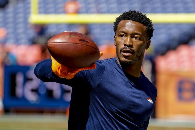 Denver Broncos wide receiver Demaryius Thomas (88) catches a pass before an NFL football game against the Seattle Seahawks Sunday, Sept. 9, 2018, in Denver. (AP Photo/Jack Dempsey)