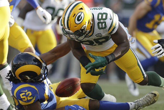 Green Bay Packers running back Ty Montgomery (88) fumbles the ball, recovered by Los Angeles Rams linebacker Ramik Wilson (52) during the second half of an NFL football game, Sunday, Oct. 28, 2018, in Los Angeles. (AP Photo/Marcio Jose Sanchez)