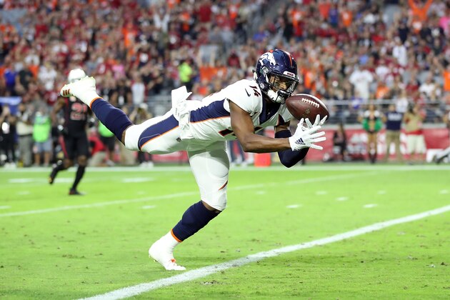 GLENDALE, AZ - OCTOBER 18:  Wide receiver Courtland Sutton #14 of the Denver Broncos scores a 28-yard touchdown during the first quarter against the Arizona Cardinals at State Farm Stadium on October 18, 2018 in Glendale, Arizona.  (Photo by Christian Petersen/Getty Images)