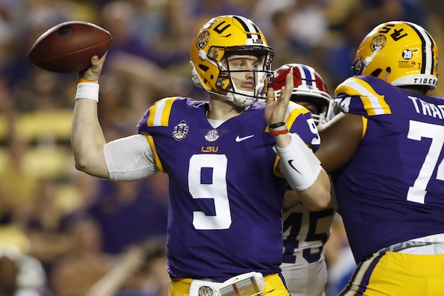 LSU quarterback Joe Burrow (9) looks to pass the ball in the second half of an NCAA college football game against Louisiana Tech in Baton Rouge, La., Saturday, Sept. 22, 2018. LSU won 38-21. (AP Photo/Tyler Kaufman)