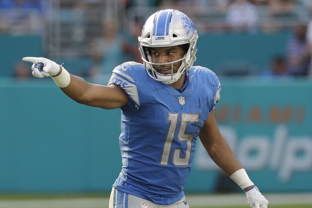 Detroit Lions wide receiver Golden Tate (15) gestures, during the second half of an NFL football game against the Miami Dolphins, Sunday, Oct. 21, 2018, in Miami Gardens, Fla. (AP Photo/Lynne Sladky)