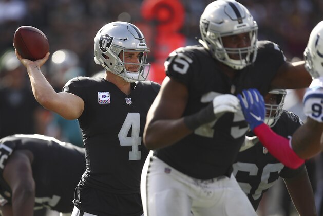Oakland Raiders quarterback Derek Carr (4) passes behind the blocking of offensive tackle Brandon Parker (75) against the Indianapolis Colts during the second half of an NFL football game in Oakland, Calif., Sunday, Oct. 28, 2018. (AP Photo/Ben Margot)