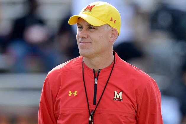 COLLEGE PARK, MD - OCTOBER 28:  Head Coach DJ Durkin of the Maryland Terrapins watches the teams warm up before the game against the Indiana Hoosiers on October 28, 2017 in College Park, Maryland.  (Photo by G Fiume/Maryland Terrapins/Getty Images)