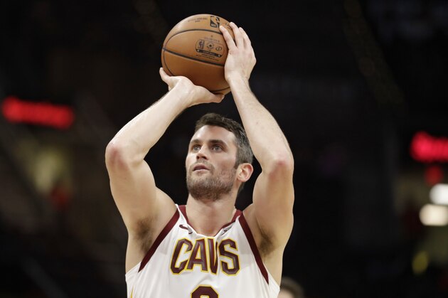 Cleveland Cavaliers' Kevin Love shoots in the second half of an NBA basketball game against the Brooklyn Nets, Wednesday, Oct. 24, 2018, in Cleveland. (AP Photo/Tony Dejak)