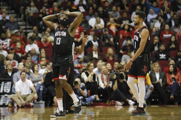 HOUSTON, TX - OCTOBER 24:  James Harden #13 of the Houston Rockets reacts to a foul in the second half against the Utah Jazz at Toyota Center on October 24, 2018 in Houston, Texas.  NOTE TO USER: User expressly acknowledges and agrees that, by downloading and or using this Photograph, user is consenting to the terms and conditions of the Getty Images License Agreement.  (Photo by Tim Warner/Getty Images)