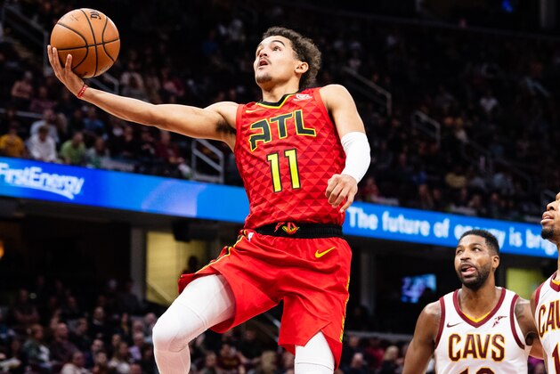 CLEVELAND, OH - OCTOBER 30: Trae Young #11 of the Atlanta Hawks scores against the Cleveland Cavaliers during the first half at Quicken Loans Arena on October 30, 2018 in Cleveland, Ohio. NOTE TO USER: User expressly acknowledges and agrees that, by downloading and/or using this photograph, user is consenting to the terms and conditions of the Getty Images License Agreement. (Photo by Jason Miller/Getty Images)