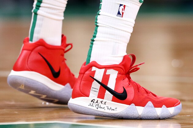 BOSTON, MA - OCTOBER 30: A detail of Kyrie Irving #11 of the Boston Celtics shoes during the game against the Detroit Pistons at TD Garden on October 30, 2018 in Boston, Massachusetts. (Photo by Maddie Meyer/Getty Images)
