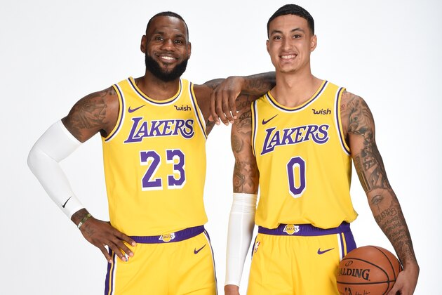 EL SEGUNDO, CA - SEPTEMBER 24: LeBron James #23 and Kyle Kuzma #0 of the Los Angeles Lakers pose for a portrait during media day at UCLA Health Training Center on September 24, 2018 in El Segundo, California. NOTE TO USER: User expressly acknowledges and agrees that, by downloading and/or using this Photograph, user is consenting to the terms and conditions of the Getty Images License Agreement. Mandatory Copyright Notice: Copyright 2018 NBAE (Photo by Andrew D. Bernstein/NBAE via Getty Images)