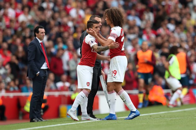 LONDON, ENGLAND - AUGUST 25: Lucas Torreira of Arsenal replaces Matteo Guendouzi of Arsenal during the Premier League match between Arsenal FC and West Ham United at Emirates Stadium on August 25, 2018 in London, United Kingdom. (Photo by James Williamson - AMA/Getty Images)