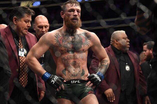 LAS VEGAS, NV - OCTOBER 06:  Conor McGregor of Ireland is involved in a post-fight incident following his loss to Khabib Nurmagomedov of Russia in their UFC lightweight championship bout during the UFC 229 event inside T-Mobile Arena on October 6, 2018 in Las Vegas, Nevada. (Photo by Jeff Bottari/Zuffa LLC/Zuffa LLC via Getty Images)