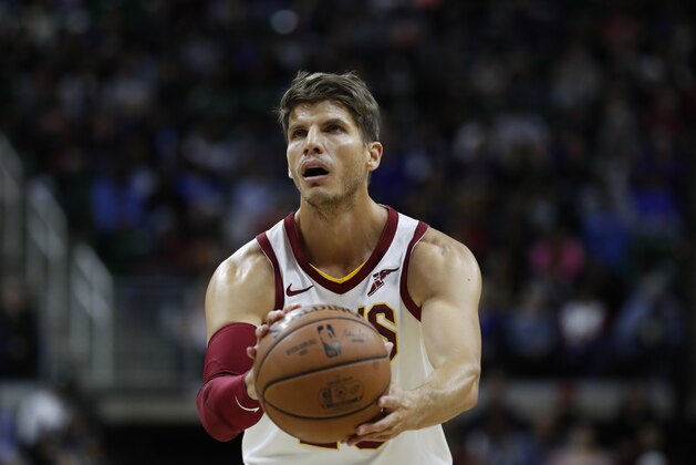 Cleveland Cavaliers guard Kyle Korver shoots a free throw during the second half of an NBA preseason basketball game against the Detroit Pistons, Friday, Oct. 12, 2018, in East Lansing, Mich. (AP Photo/Carlos Osorio)