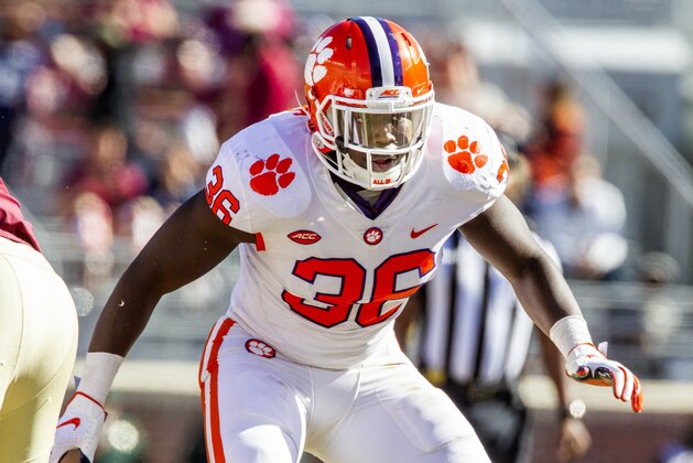 Clemson linebacker Judah Davis defends a hole at the line of scrimmage in the second half of an NCAA college football game against Florida State in Tallahassee, Fla., Saturday, Oct.27, 2018. Clemson defeated Florida State 59-10. (AP Photo/Mark Wallheiser)
