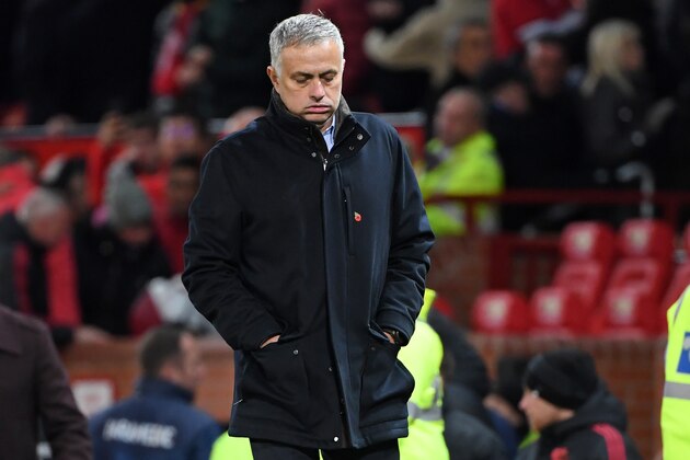 Manchester United's Portuguese manager Jose Mourinho reacts as he leaves at full time in the English Premier League football match between Manchester United and Everton at Old Trafford in Manchester, north west England, on October 28, 2018. - Manchester Utd won the game 2-1. (Photo by Paul ELLIS / AFP) / RESTRICTED TO EDITORIAL USE. No use with unauthorized audio, video, data, fixture lists, club/league logos or 'live' services. Online in-match use limited to 120 images. An additional 40 images may be used in extra time. No video emulation. Social media in-match use limited to 120 images. An additional 40 images may be used in extra time. No use in betting publications, games or single club/league/player publications. /         (Photo credit should read PAUL ELLIS/AFP/Getty Images)