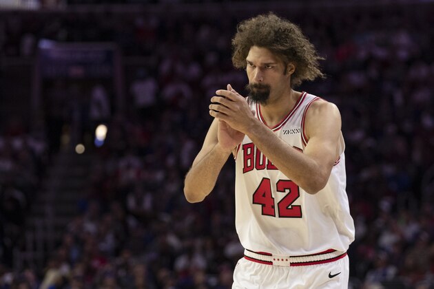 Chicago Bulls Robin Lopez reacts during the first half of an NBA basketball game against the Philadelphia 76ers, Thursday, Oct. 18, 2018, in Philadelphia. The 76ers won 127-108. (AP Photo/Chris Szagola)