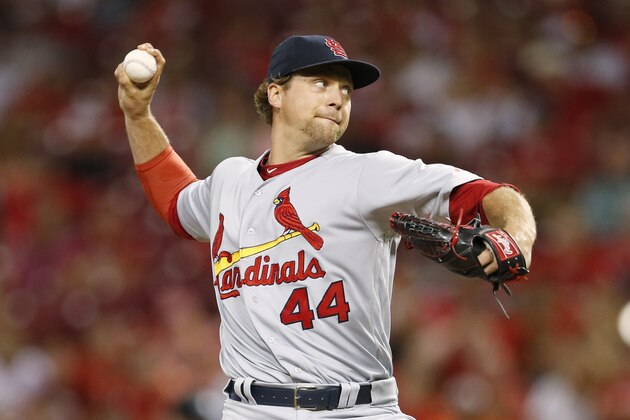 St. Louis Cardinals relief pitcher Trevor Rosenthal (44) throws against the Cincinnati Reds during the ninth inning of a baseball game, Saturday, Aug. 5, 2017, in Cincinnati. (AP Photo/Gary Landers)