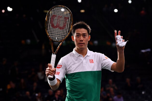 PARIS, FRANCE - OCTOBER 31: Kei Nishikori of Japan celebrates after winning his second round match against Adrian Mandarin of France during Day 3 of the Rolex Paris Masters on October 31, 2018 in Paris, France. (Photo by Justin Setterfield/Getty Images)