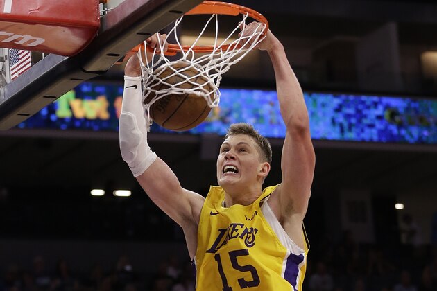 Los Angeles Lakers center Moritz Wagner stuffs during the first half of an NBA summer league basketball game against the Golden State Warriors Thursday, July 5, 2018, in Sacramento, Calif. (AP Photo/Rich Pedroncelli)