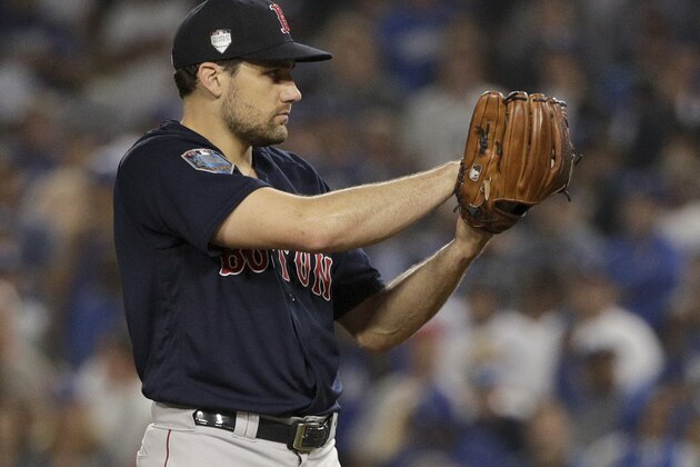 Boston Red Sox pitcher Nathan Eovaldi throws against the Los Angeles Dodgers during the 18th inning in Game 3 of the World Series baseball game on Saturday, Oct. 27, 2018, in Los Angeles. (AP Photo/Jae C. Hong)
