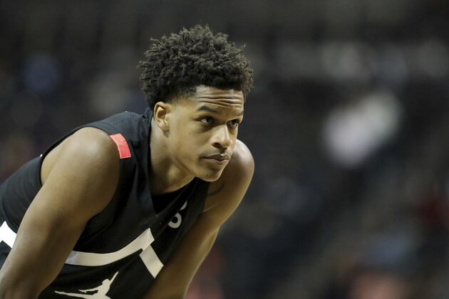 The Black Team's Shareef O'Neal #22 is seen against the White Team during the Jordan Brand Classic high school basketball game, Sunday, April 8, 2018, in Brooklyn. (AP Photo/Gregory Payan)