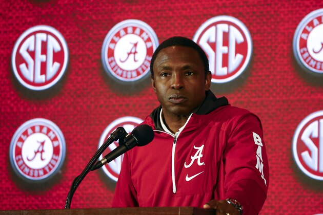 Alabama coach Avery Johnson speaks during the SEC men's college basketball media day, Wednesday, Oct. 17, 2018, in Birmingham, Ala. (AP Photo/Butch Dill)