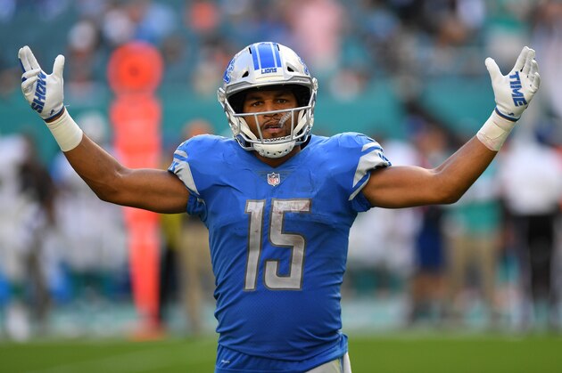 MIAMI, FL - OCTOBER 21: Golden Tate #15 of the Detroit Lions in action against the Miami Dolphins at Hard Rock Stadium on October 21, 2018 in Miami, Florida. (Photo by Mark Brown/Getty Images)