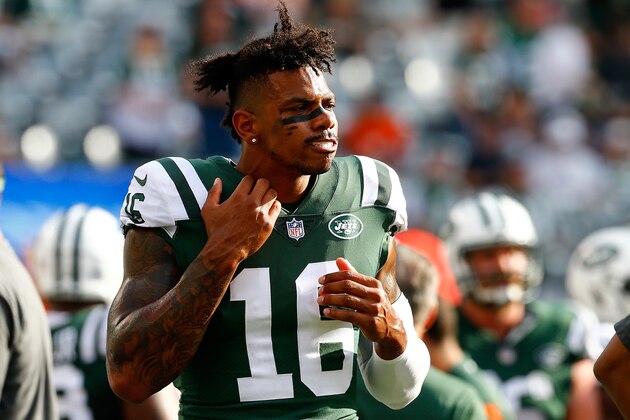 EAST RUTHERFORD, NJ - OCTOBER 07:  Terrelle Pryor #16 of the New York Jets looks on from the bench against the Denver Broncos at MetLife Stadium on October 7, 2018 in East Rutherford, New Jersey. New York Jets defeated the Denver Broncos 34-16.  (Photo by Mike Stobe/Getty Images)