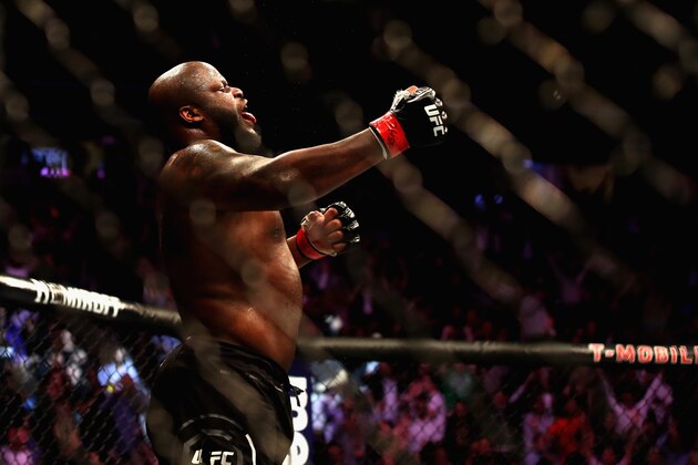 LAS VEGAS, NV - OCTOBER 06:  Derrick Lewis celebrates knocking out Alexander Volkov of Russia in their heavyweight bout during the UFC 229 event inside T-Mobile Arena on October 6, 2018 in Las Vegas, Nevada.  (Photo by Christian Petersen/Zuffa LLC/Zuffa LLC)