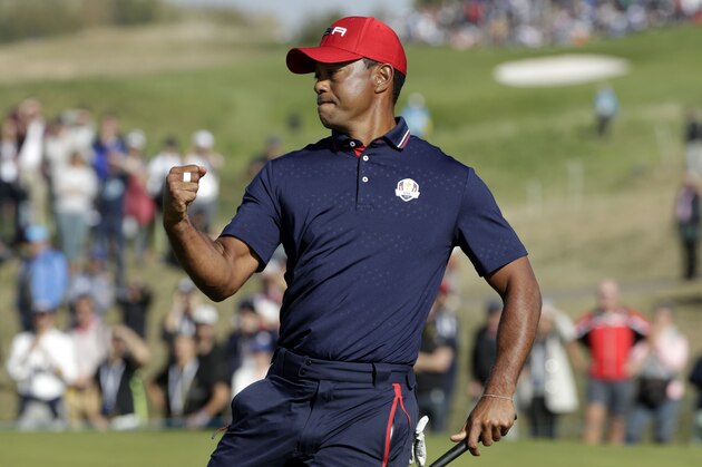 US golfer Tiger Woods reacts  on the third day of the 42nd Ryder Cup at Le Golf National Course at Saint-Quentin-en-Yvelines, south-west of Paris, on September 30, 2018. (Photo by Geoffroy VAN DER HASSELT / AFP)        (Photo credit should read GEOFFROY VAN DER HASSELT/AFP/Getty Images)