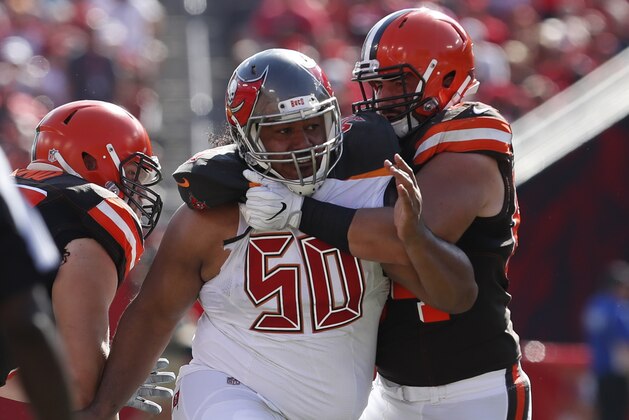 Tampa Bay Buccaneers defensive tackle Vita Vea (50) battles against the Cleveland Browns during the second half of an NFL football game Sunday, Oct. 21, 2018, in Tampa, Fla. (AP Photo/Mark LoMoglio)