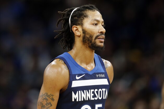 Minnesota Timberwolves' Derrick Rose plays in an NBA basketball game against the Los Angeles Lakers Monday, Oct. 29, 2018, in Minneapolis. (AP Photo/Jim Mone)