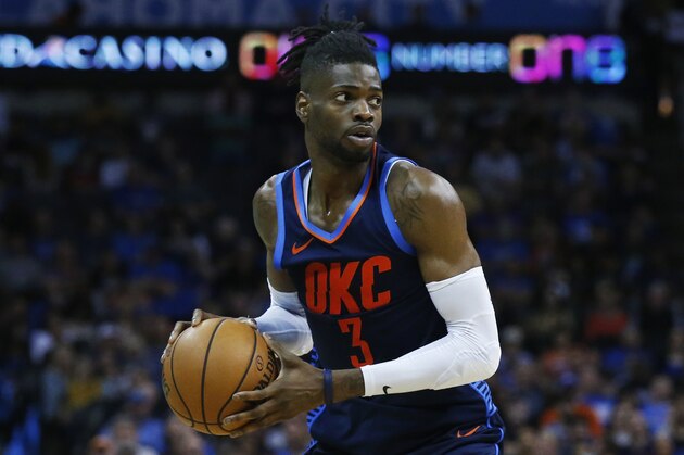 Oklahoma City Thunder forward Nerlens Noel (3) during an NBA basketball game against the Phoenix Suns in Oklahoma City, Sunday, Oct. 28, 2018. (AP Photo/Sue Ogrocki)