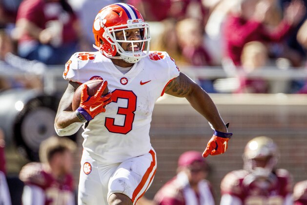 Clemson wide receiver Amari Rodgers runs after a reception in the second half of an NCAA college football game against Florida State in Tallahassee, Fla., Saturday, Oct.27, 2018. Clemson defeated Florida State 59-10. (AP Photo/Mark Wallheiser)