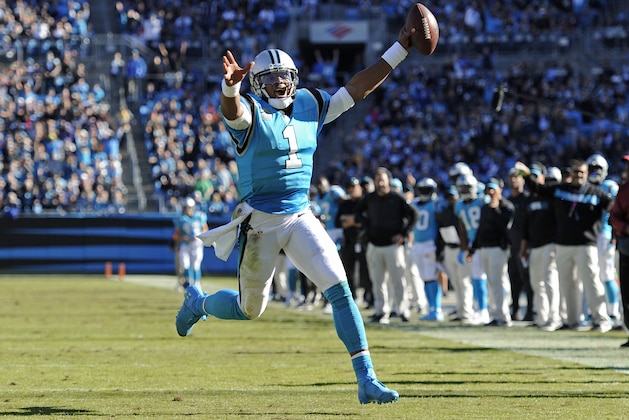 Carolina Panthers' Cam Newton (1) runs for a touchdown against the Baltimore Ravens in the second half of an NFL football game in Charlotte, N.C., Sunday, Oct. 28, 2018. (AP Photo/Mike McCarn)
