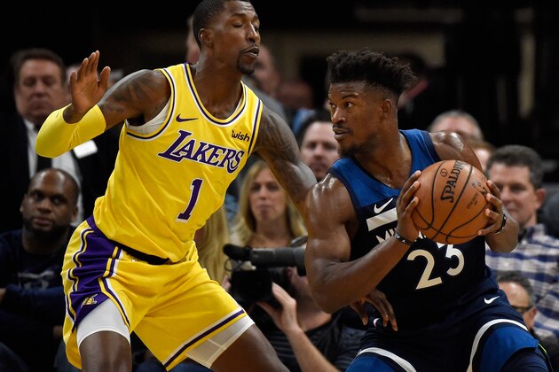 MINNEAPOLIS, MN - OCTOBER 29: Kentavious Caldwell-Pope #1 of the Los Angeles Lakers defends against Jimmy Butler #23 of the Minnesota Timberwolves during the second quarter of the game on October 29, 2018 at the Target Center in Minneapolis, Minnesota. NOTE TO USER: User expressly acknowledges and agrees that, by downloading and or using this Photograph, user is consenting to the terms and conditions of the Getty Images License Agreement. (Photo by Hannah Foslien/Getty Images)
