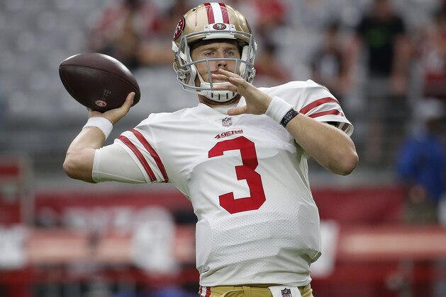 San Francisco 49ers quarterback C.J. Beathard (3) warms up prior to an NFL football game against the Arizona Cardinals, Sunday, Oct. 28, 2018, in Glendale, Ariz. (AP Photo/Rick Scuteri)