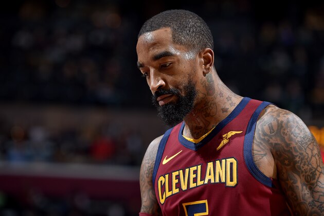 CLEVELAND, OH - OCTOBER 27: JR Smith #5 of the Cleveland Cavaliers looks on against the Indiana Pacers on October 27, 2018 at Quicken Loans Arena in Cleveland, Ohio. NOTE TO USER: User expressly acknowledges and agrees that, by downloading and/or using this Photograph, user is consenting to the terms and conditions of the Getty Images License Agreement. Mandatory Copyright Notice: Copyright 2018 NBAE  (Photo by David Liam Kyle/NBAE via Getty Images)