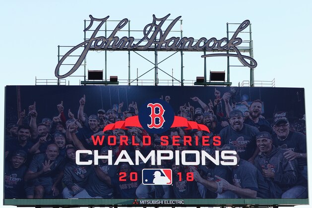 BOSTON, MA - OCTOBER 31:  World Series Champions 2018 Signage in the outfield before the Boston Red Sox Victory Parade at Fenway Park on October 31, 2018 in Boston, Massachusetts.  (Photo by Omar Rawlings/Getty Images)