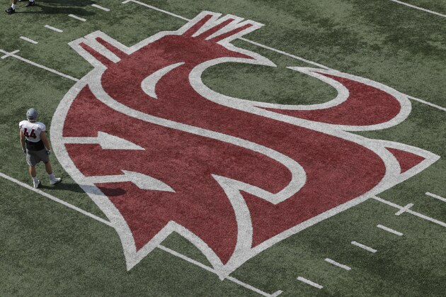 Washington State defensive lineman Logan Tago stands near the WSU Cougars logo on a practice field during NCAA football practice, Thursday, Aug. 16, 2018, in Pullman, Wash. (AP Photo/Ted S. Warren)