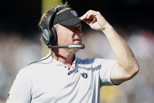 Oakland Raiders head coach Jon Gruden watches during the second half of an NFL football game between the Raiders and the Indianapolis Colts in Oakland, Calif., Sunday, Oct. 28, 2018. (AP Photo/D. Ross Cameron)