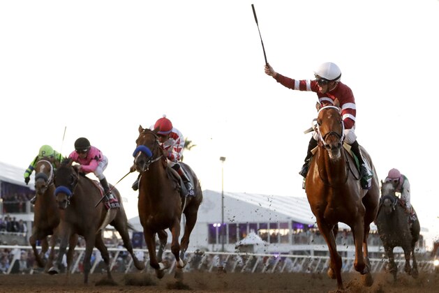 Florent Geroux celebrates after riding Gun Runner to victory in the Classic horse race during the Breeders' Cup, Saturday, Nov. 4, 2017, in Del Mar, Calif. (AP Photo/Gregory Bull)