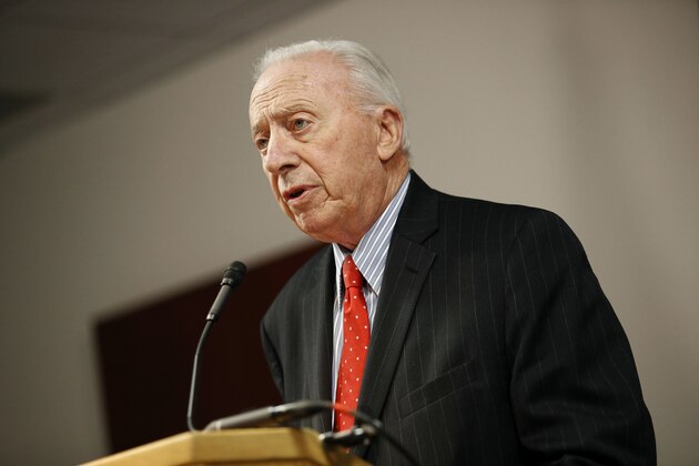 James Brady, chairman of the University System of Maryland Board of Regents, speaks at a news conference to announce the board's recommendation that football head coach DJ Durkin retain his job, Tuesday, Oct. 30, 2018, in Baltimore. Durkin has been on paid administrative leave since August, following the death of a player who collapsed during practice and an investigation of bullying by the Maryland coaching staff. (AP Photo/Patrick Semansky)