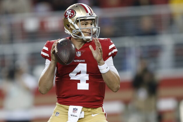 San Francisco 49ers quarterback Nick Mullens (4) passes against the Los Angeles Chargers during the first half of an NFL preseason football game in Santa Clara, Calif., Thursday, Aug. 30, 2018. (AP Photo/Josie Lepe)