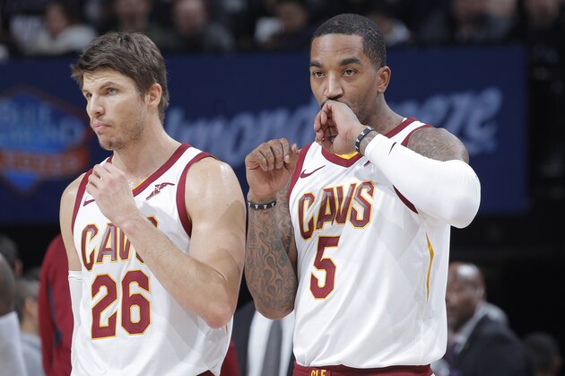 SACRAMENTO, CA - DECEMBER 27: Kyle Korver #26 and J.R. Smith #5 of the Cleveland Cavaliers look on during the game against the Sacramento Kings on December 27, 2017 at Golden 1 Center in Sacramento, California. NOTE TO USER: User expressly acknowledges and agrees that, by downloading and or using this photograph, User is consenting to the terms and conditions of the Getty Images Agreement. Mandatory Copyright Notice: Copyright 2017 NBAE (Photo by Rocky Widner/NBAE via Getty Images)