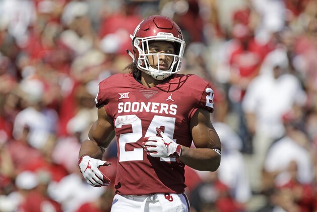 NORMAN, OK - SEPTEMBER 01: Running back Rodney Anderson #24 of the Oklahoma Sooners takes the field for the first time against the Florida Atlantic Owls at Gaylord Family Oklahoma Memorial Stadium on September 1, 2018 in Norman, Oklahoma. The Sooners defeated the Owls 63-14. (Photo by Brett Deering/Getty Images)
