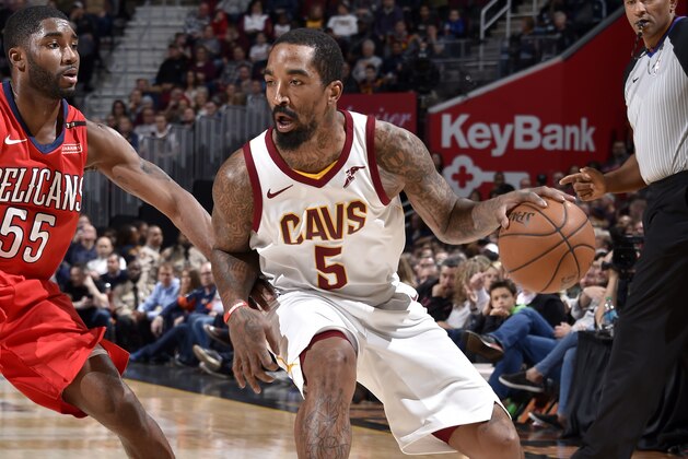 CLEVELAND, OH - MARCH 30:  JR Smith #5 of the Cleveland Cavaliers handles the ball during the game against the New Orleans Pelicans on March 30, 2018 at Quicken Loans Arena in Cleveland, Ohio. NOTE TO USER: User expressly acknowledges and agrees that, by downloading and/or using this Photograph, user is consenting to the terms and conditions of the Getty Images License Agreement. Mandatory Copyright Notice: Copyright 2018 NBAE (Photo by David Liam Kyle/NBAE via Getty Images)