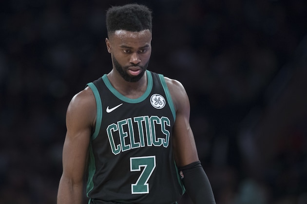 Boston Celtics forward Jaylen Brown pauses on the court during the second half of an NBA basketball game against the New York Knicks, Saturday, Oct. 20, 2018, at Madison Square Garden in New York. The Celtics won 103-101. (AP Photo/Mary Altaffer)